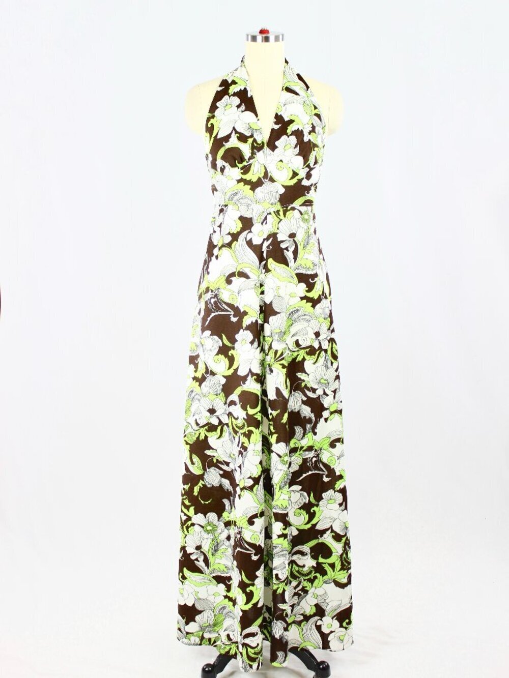 Vintage 90's Retro Green Brown White Hippie Floral Halter Maxi Dress, Size XS